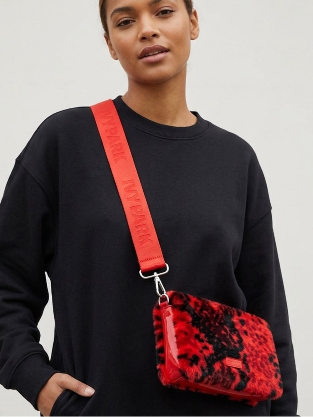 Adidas x Ivy Park Red Black Faux Fur Animal Print Crossbody Clutch Wallet Bag